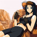  a1 bike_shorts black_gloves blue_eyes fingerless_gloves gloves idolmaster idolmaster_(classic) idolmaster_1 miura_azusa mountain scanlines solo tank_top visor_cap 