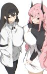  2girls absurdres alternate_breast_size_(larger) arknights bad_anatomy bad_hands black_dress black_eyes black_hair black_hairband black_horns black_pantyhose bow bowtie breast_press breasts chromatic_aberration cleavage cleavage_cutout closed_mouth clothing_cutout commentary cowboy_shot dress english_commentary hair_between_eyes hair_intakes hairband hand_in_pocket highres horns jacket large_breasts long_hair long_sleeves looking_at_viewer multiple_girls open_clothes open_jacket pantyhose pink_eyes pink_hair pointy_ears priestess_(arknights) simple_background split_mouth standing symmetrical_docking take_your_pick theresa_(arknights) turtleneck turtleneck_dress vertin_(u_vertin) white_background white_bow white_bowtie white_dress white_jacket 