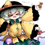  >_< 1girl afterimage black_hat blue_background blush bow buttons collared_shirt commentary_request crab crossed_bandaids diamond_button disembodied_linked_eye eyeball floral_print frilled_shirt_collar frilled_sleeves frills gradient_background green_hair green_skirt hat hat_bow heripantomorrow komeiji_koishi long_sleeves medium_hair open_mouth print_skirt rose_print shirt skirt sleeves_past_fingers sleeves_past_wrists solo tearing_up touhou translation_request wide_sleeves yellow_bow yellow_shirt 