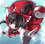  artist_request bow brown_hair cloud day detached_sleeves flying hakurei_reimu half_updo long_sleeves options solo source_request touhou yin_yang 