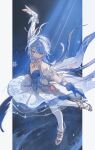  1girl ballerina bare_shoulders blue_hair breasts circle_skirt cleavage commentary commentary_request dancing feathers genshin_impact gloves hair_ornament hand_up high_heels highres ice_crystal issnnkw jewelry light_rays necklace odette_(genshin_impact) outside_border purple_eyes short_hair solo standing standing_on_liquid standing_on_one_leg thighhighs 
