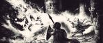  1boy 1girl arms_up bag battle boots brick_floor cape chain commentary_request covered_mouth demon fantasy fighting_stance fire from_side full_body greyscale helmet highres holding holding_polearm holding_shield holding_staff holding_weapon hood hood_down hooded_cape horns jun_(navigavi) long_hair long_sleeves looking_at_another magic making-of_available monochrome monster original pants pillar polearm pyrokinesis robe shield short_hair shoulder_bag spear staff standing torch upper_body weapon wide_sleeves witch 