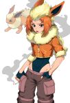  1girl 604yue animal_ears artist_name black_gloves black_leotard blonde_hair blue_eyes cargo_pants cigarette covered_navel cowboy_shot crop_top cropped_jacket evolution_stone fang fingerless_gloves fire_stone flareon fluffy fur-trimmed_jacket fur_trim gloves hand_in_pocket highleg highleg_leotard highres jacket jewelry leotard leotard_under_clothes looking_at_viewer multicolored_hair necklace orange_hair orange_jacket orange_nails pants personification pokemon red_pants reference_inset skin_fang smoke twitter_username two-tone_hair 