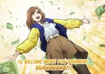  1girl above-cleavage_cutout abstract_background banknote belt belt_buckle black_pantyhose blouse blue_jacket brown_eyes brown_hair brown_shorts buckle clothing_cutout commentary crazy_laugh digimon digimon_liberator dollar_bill english_text falling_money from_below jacket keyliom kinosaki_arisa laughing money multicolored_jacket open_clothes open_jacket open_mouth outstretched_arms pantyhose shirt shorts solo spread_arms sunburst teeth two-tone_jacket untranslatable_commentary upper_teeth_only white_belt white_shirt yellow_jacket 