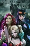  1boy 3girls armpits bat_mask batman batman_(series) bell black_bodysuit black_hair black_mask blonde_hair blue_eyes bodysuit bra breasts catwoman cleavage closed_mouth collar comic_cover commentary cover cover_page dc_comics detective_comics earrings english_commentary eyeshadow goggles goggles_on_headwear green_eyes green_eyeshadow hair_ornament harley_quinn highres jewelry large_breasts leaf_clothing leaf_hair_ornament long_hair looking_at_viewer looking_back makeup mask multiple_girls neck_bell official_art orange-tinted_eyewear plant_clothing poison_ivy red_hair signature sleeveless stanley_lau tinted_eyewear twintails underwear 