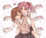  2girls :3 absurdres alternate_eye_color alternate_hair_color asymmetrical_bangs black_skirt brown_eyes brown_hair brown_sweater_vest carrying cheek-to-cheek chinese_commentary commentary_request emblem heads_together heart heart_in_eye highres medium_hair misaka_mikoto multiple_girls multiple_views one_eye_closed piggyback pink_eyes pink_hair school_emblem school_uniform shirai_kuroko shirt short_sleeves skirt spoken_heart summer_uniform sweater_vest symbol_in_eye toaru_kagaku_no_railgun toaru_majutsu_no_index tokiwadai_school_uniform twintails v-neck vv_dot white_shirt yuri 