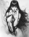  1girl abstract_background armlet black_hair blood blood_from_mouth breasts breasts_apart charcoal_(medium) commentary english_commentary highres jewelry long_hair looking_at_viewer monochrome parted_lips scan signature slingshot_swimsuit solo stanley_lau swimsuit traditional_media vampirella vampirella_(character) 