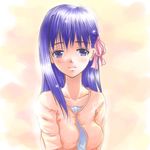  casual contemporary dozepara dress fate/stay_night fate_(series) hair_ribbon long_hair matou_sakura purple_eyes purple_hair ribbon skirt solo 