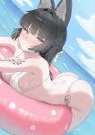  1girl absurdres afloat alternate_costume animal_ears ass bikini black_hair black_nails blue_sky blush breasts closed_eyes cloud collarbone commentary day elihu5678 fox_ears fox_girl highres hoshimi_miyabi innertube long_hair looking_at_viewer nail_polish ocean outdoors red_eyes sky solo swim_ring swimsuit white_bikini zenless_zone_zero 