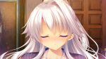  1girl :o blue_jacket blush close-up closed_eyes collarbone door doorknob floating_hair formal_clothes game_asset grey_hair halterneck highres hoshi_furu_yoru_no_farnese imminent_kiss indoors jacket jacqueline_sprenger jewelry long_hair long_sleeves looking_at_viewer miniskirt non-web_source nose_blush pencil_skirt pendant ponytail portrait self-datamine single_sidelock skirt solo standing striped_clothes striped_jacket yukie_(peach_candy) 
