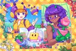  2girls :d bare_shoulders bea_(brawl_stars) bee blonde_hair blush brawl_stars breasts bug cleavage collared_shirt commentary_request dark-skinned_female dark_skin flower flower_pot glasses gloves green_gloves helmet highres holding holding_flower_pot kaoling korean_commentary layered_sleeves long_sleeves medium_breasts medium_hair multiple_girls open_mouth purple-tinted_eyewear purple_eyes purple_hair purple_helmet purple_shirt red_flower rosa_(brawl_stars) round_eyewear shirt short_hair short_over_long_sleeves short_sleeves sleeveless sleeveless_shirt smile sprout_(brawl_stars) sticky_note tinted_eyewear two-tone_headwear upper_body white_flower yellow_flower yellow_helmet yellow_shirt 