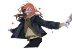  1girl 1other absurdres bird2120rm black_jacket cowboy_shot green_eyes highres holding_hands hood hoodie jacket jean_grey layered_clothes long_hair looking_at_another marvel orange_hair pants spider-man:_brand_new_day spider-man_(series) white_background x-men yellow_hoodie 