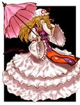  blonde_hair chiki_(botsugo) covering_mouth dress fan folding_fan frills hat long_hair long_sleeves looking_at_viewer ribbon solo tabard touhou umbrella yakumo_yukari 