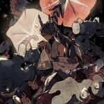  1boy anglerfish artist_name bag black_hair blue_eyes bud closed_mouth clothing_request commentary creature crossed_legs dark-skinned_male dark_skin detached_sleeves fantasy fish flower highres holding holding_bag horns hunched_over ice_god_(jimini_shijimi) instagram_username jimini_shijimi lantern leaf long_sleeves looking_at_viewer morning_glory original paper_lantern plastic_bag sea_angel sitting sitting_on_tentacle skeb_username sleeveless solo tail tentacles twitter_username underwater very_long_tail water_drop wide_sleeves 