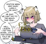 1girl absurdres animal_ear_fluff animal_ears arknights artist_logo black_nails blonde_hair blush breasts closed_mouth collarbone commentary english_commentary english_text fingernails grey_shirt hair_between_eyes hair_ornament hairclip highres holding huge_breasts jewelry kirara_(arknights) kitsuouji logo model_kit multiple_hairclips nail_polish nose_blush pink_eyes ring sharp_fingernails shirt short_hair simple_background solo speech_bubble star_(symbol) t-shirt thought_bubble utage_(arknights) watermark wedding_ring white_background x_hair_ornament 
