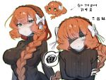  1girl angry braid breasts crossed_arms disgust eyepatch freckles green_eyes highres ishmael_(project_moon) large_breasts limbus_company looking_at_viewer marshmallowgosu orange_hair project_moon serious sketch sweater translation_request white_background 