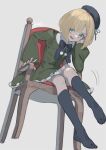  1girl aged_down beret black_bow black_bowtie black_hat black_socks blonde_hair blush bow bowtie chair dated drawstring dress elbow_rest fate_(series) frilled_dress frills full_body green_dress green_eyes grey_background hat head_on_hand head_rest highres kneehighs looking_at_viewer lord_el-melloi_ii_case_files nao_(syn_eaa) no_shoes on_chair parted_bangs pom_pom_(clothes) pom_pom_drawstring reines_el-melloi_archisorte reines_el-melloi_archisorte_(young) short_hair signature simple_background sitting socks solo tilted_headwear 