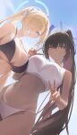  2girls absurdres asuna_(blue_archive) bare_shoulders bikini black_bikini black_hair blonde_hair blue_archive blue_eyes blue_halo breasts cleavage commentary dark-skinned_female dark_skin double_v grin groin hair_ornament hair_over_one_eye hair_scrunchie halo highres karin_(blue_archive) kennyupa large_breasts long_hair looking_at_viewer multiple_girls navel ponytail purple_halo scrunchie smile swimsuit thighs v very_long_hair white_bikini yellow_eyes 