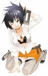  black_bra black_eyes black_hair bra fishnet_legwear fishnets high_heels inuburo kneeling lingerie long_sleeves mitarashi_anko naruto naruto_(series) one_eye_closed open_clothes open_shirt pencil_skirt shirt shoes skirt smile solo teacher thighhighs underwear 