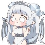  1girl :3 :t absurdres bare_arms bare_shoulders blunt_bangs blunt_ends blush blush_stickers breasts chibi chibi_only closed_mouth commentary_request covered_navel cowboy_shot daya_(trickcal) dragon_girl dragon_horns dragon_wings dress hands_up highres horns long_hair nose_blush o_o pelvic_curtain pointy_ears shinonome_nashi sidelocks simple_background sleeveless sleeveless_dress solo tears tiara trickcal very_long_hair white_background white_dress white_hair wings 