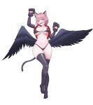  1girl absurdres animal_ears animal_hands bikini black_bikini black_thighhighs black_wings breasts cat_ears cat_tail commentary fake_animal_ears fake_tail full_body gloves highres looking_at_viewer medium_hair navel noise_(tkcjfskan69) pacifier paw_gloves pink_hair pointy_ears purple_eyes remielle_dan simple_background solo stomach swimsuit tail thighhighs thighs white_background wings zenless_zone_zero 