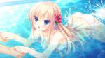 1boy 1girl air_bubble arms_up bikini blonde_hair blue_eyes blush braid breasts bubble dutch_angle floating flower from_side game_asset hair_flower hair_ornament halterneck holding_hands hoshi_furu_yoru_no_farnese large_breasts long_hair looking_at_another looking_up non-web_source nose_blush open_mouth partially_underwater_shot pool self-datamine splashing spread_legs swimming swimsuit very_long_hair water white_bikini yukie_(peach_candy) yves_klein 