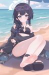  1girl absurdres bandeau barefoot bikini black_bikini black_hair black_robe blue_archive braid braid_over_shoulder breasts butterfly_hair_ornament clothing_cutout commentary_request diamond_cutout eugenecolin feet grey_eyes grey_halo hair_ornament halo highres kisaki_(blue_archive) kisaki_(swimsuit)_(blue_archive) long_hair looking_at_viewer navel official_alternate_costume official_alternate_hairstyle purple-tinted_eyewear robe robe_partially_removed side_braid small_breasts soles solo stomach sunglasses swimsuit tinted_eyewear toes unworn_robe very_long_hair 