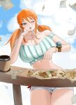  1girl bangle banknote bare_shoulders blue_sky bracelet breasts cleavage cloud cloudy_sky collarbone commentary cowboy_shot crop_top cropped_shirt english_commentary falling_money gold_bangle highres jewelry large_breasts log_pose long_hair low_twintails map midriff money nami_(one_piece) off-shoulder_shirt off_shoulder official_alternate_costume official_alternate_hairstyle one_eye_closed one_piece one_piece_heroines parted_lips shirt short_shorts shorts sidelocks sky solo striped_clothes striped_shirt thighs twintails vertical-striped_clothes vertical-striped_shirt white_shorts zanys 