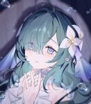  1girl air_bubble bare_shoulders blue_eyes bubble commentary_request eyes_visible_through_hair fins flower genshin_impact green_hair hair_flower hair_ornament hair_over_one_eye head_fins highres hiroyi_(mei) long_hair looking_at_viewer parted_lips portrait solo vodyanitsa_(genshin_impact) white_flower 