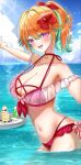  1girl :d alternate_costume bikini blue_sky breasts choker cleavage cloud colored_inner_hair commentary day earrings english_commentary feather_earrings feathers flower frilled_bikini frills green_feathers green_hair hair_flaps hair_flower hair_ornament heart heart_hair_ornament highres hololive hololive_english jewelry large_breasts long_hair looking_at_viewer miza8276 multi-strapped_bikini_bottom multicolored_hair navel ocean open_mouth orange_hair outdoors outstretched_arm pointing ponytail purple_eyes red_bikini red_choker sky smile swimsuit takanashi_kiara virtual_youtuber wading 