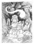  2girls bare_tree border bow commentary detached_sleeves dress english_commentary forest full_body gegege_no_kitarou geta ghost grass greyscale hair_bow hair_tubes hakurei_reimu hands_in_opposite_sleeves hat hat_ribbon highres mizuki_shigeru_(style) mob_cap monochrome multiple_girls nature old old_woman open_mouth outdoors redinthesea ribbon ribbon-trimmed_sleeves ribbon_trim short_hair tombstone touhou traditional_media tree wrinkled_skin yakumo_yukari 
