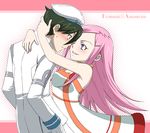  1girl anemone_(eureka_seven) beret black_hair character_name collar couple dominic_sorel eureka_seven eureka_seven_(series) eye_contact hair_ornament hairclip hat hetero hug kuroo_(project_apricot) long_hair long_sleeves looking_at_another military military_uniform pink_hair purple_eyes uniform 