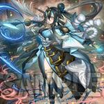  1girl ahoge anonymous_(yu-gi-oh!) arm_guards asymmetrical_legwear black_hair blonde_streaks blue_eyes chinese_knot choker duel duel_monster earrings eyelashes full_body good_luck_knot gradient_background hair_between_eyes hair_bun hair_intakes holding holding_sword holding_weapon horns jewelry long_hair long_sidelocks looking_at_viewer mikumari_the_sealing_deity_asutra mismatched_legwear multicolored_hair obi obiage obijime official_art rope sample_watermark sash shimenawa sidelocks single_bare_shoulder single_horn solo standing streaked_hair sword watermark weapon white_hair yu-gi-oh! 