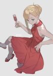  1girl arm_rest bare_arms bare_shoulders blonde_hair braid breasts champagne_flute criss-cross_halter crossed_legs crown_braid cup dated dress drinking_glass earrings evening_gown fate_(series) from_above full_body green_eyes grey_background halterneck high_heels highres holding holding_cup invisible_chair jewelry looking_at_viewer lord_el-melloi_ii_case_files nao_(syn_eaa) official_alternate_costume official_alternate_hairstyle red_dress reines_el-melloi_archisorte short_hair signature simple_background single_sidelock sitting small_breasts solo updo 