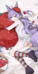 1girl :d absurdres ahoge ass basket black_shoes blue_eyes blush breasts commentary cone_hair_bun double_bun fang fluffy_tail food from_above fruit full_body green_scrunchie green_socks hair_bun hair_ornament hair_scrunchie handheld_game_console hat heterochromia highres hugging_object ingchi long_hair low-tied_long_hair lying no_pants on_side open_mouth orange_eyes panties polka_dot polka_dot_panties purple_hair purple_tail red_hat red_socks scrunchie shoe_soles shoes sideboob small_breasts smile socks solo stellive strawberry striped_clothes striped_socks tank_top tenko_shibuki tied_tank_top underwear very_long_hair virtual_youtuber white_panties white_tank_top 