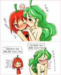  blush blush_stickers bomaan breasts cleavage comic green_eyes green_hair habanero habanero-tan hard_translated jalapeno licking lowres medium_breasts multiple_girls original personification red_eyes red_hair spicy translated yuri 