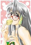  artist_request bare_shoulders black_eyes black_hair chips eating food food_in_mouth full_mouth glasses long_hair mouth_hold my_merry_may_be potato_chips pringles red-framed_eyewear reu_(my_merry_may_be) solo upper_body 