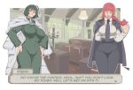  2girls absurdres alternate_breast_size_(larger) black_coat black_pants braid braided_ponytail breasts chainsaw_man coat collared_shirt colored_speech_bubble commentary covered_abs crossover english_commentary english_text fubuki_(one-punch_man) green_eyes green_hair highres hood hooded_jacket jacket jewelry large_breasts long_sidelocks long_sleeves makima_(chainsaw_man) michel_teru multiple_girls necklace necktie one-punch_man pants red_hair ringed_eyes shirt short_hair sidelocks speech_bubble tongue tongue_out white_shirt wide_hips yellow_eyes 