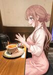 1girl absurdres blue_eyes blush bowl breasts brown_hair dress electric_kettle facing_to_the_side fingernails gakuen_idolmaster hair_between_eyes hair_bun highres himesaki_rinami idolmaster kettle large_breasts location_request long_hair long_sleeves looking_at_food looking_down marble_heart_(idolmaster) open_mouth own_hands_together photo_background pink_dress plate shirt sitting solo spoon star_(symbol) star_in_eye sulgi_park symbol_in_eye table white_shirt 