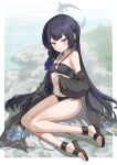  1girl bikini black_bikini black_hair black_robe blue_archive braid braid_over_shoulder breasts butterfly_hair_ornament clothing_cutout diamond_cutout grey_eyes grey_halo hair_ornament halo highres kisaki_(blue_archive) kisaki_(swimsuit)_(blue_archive) long_hair looking_at_viewer miso_(b7669726) navel official_alternate_costume official_alternate_hairstyle purple-tinted_eyewear robe robe_partially_removed sandals small_breasts solo swimsuit tinted_eyewear unworn_robe 