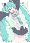  1girl :d aqua_background aqua_eyes aqua_hair aqua_necktie arms_up black_skirt black_sleeves blush border breasts commentary_request cowboy_shot detached_sleeves fr01224 hair_between_eyes hatsune_miku headset highres miniskirt necktie one_eye_closed open_mouth outline shirt sidelocks simple_background skirt sleeveless sleeveless_shirt small_breasts smile solo spring_onion twintails vocaloid white_border white_outline 