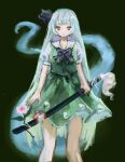  1girl alternate_hair_length_(longer) black_bow black_bowtie bow bowtie collared_shirt commentary_request flower green_skirt green_vest grey_hair highres hitodama holding holding_sword holding_weapon katana konpaku_youmu konpaku_youmu_(ghost) long_hair looking_at_viewer omaega_chan pink_flower puffy_short_sleeves puffy_sleeves red_eyes sheath sheathed shirt short_sleeves skirt skirt_set solo sword touhou very_long_hair vest weapon white_shirt youmu_day 