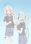  2girls absurdres alternate_costume bandaid bandaid_on_knee bandaid_on_leg black_shirt blue_archive blue_background blue_halo blue_shorts braid breasts closed_eyes cowboy_shot flat_chest green_halo grey_hair hair_ornament hairclip halo happy highres hiyori_(blue_archive) holding_sapling large_breasts maia_(blue_archive) multiple_girls one_eye_covered open_mouth shirt shorts shovel side_ponytail simple_background smile tachibana_(tachibanablac) v 