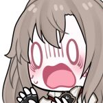  1girl armor black_armor black_gloves blush brown_hair chibi chibi_only commentary double-parted_bangs english_commentary eydis_(sao) fingerless_gloves gloves hair_between_eyes hands_up integrity_knight_armor long_hair looking_at_viewer lowres messy_hair nervous_sweating o_o open_mouth phanuchan portrait simple_background solo sweat sword_art_online sword_art_online:_alicization sword_art_online:_unleashed_blading transparent_background two-tone_armor white_armor wide_mouth 