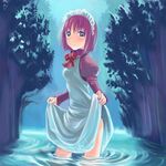  apron artist_request blue_eyes hisui long_sleeves lowres maid night red_hair short_hair skirt skirt_hold solo tsukihime wading water wet 