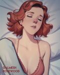  1girl artist_name bra breasts closed_eyes collarbone commentary english_commentary galmesh_rosewood highres lying medium_breasts on_back original photoshop_(medium) pink_bra red_hair short_hair sleeping solo under_covers underwear underwear_only upper_body 