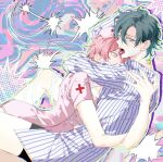  2boys abstract_background alternate_costume aqua_eyes aqua_hair bandages bandaid bandaid_on_cheek bandaid_on_face bandaid_on_neck cleavage_cutout clothing_cutout cross hat highres hospital_gown hug long_sleeves male_focus multicolored_hair multiple_boys nipples no_pants nurse nurse_cap open_clothes open_mouth open_shirt pill pill_in_mouth pink_hair pink_hat pink_shirt red_cross shirt short_sleeves strange_eden striped_clothes striped_shirt tachibana_kosei_(strange_eden) tearing_up tongue tongue_out two-tone_hair unbuttoned unbuttoned_shirt watermark white_shirt xiaohongshu_27490121204 xiaohongshu_watermark yaoi yellow_eyes yellow_pupils yurano_senri_(strange_eden) 