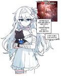  1girl bandaged_arm bandages bare_shoulders blue_eyes breasts bruise closed_mouth commentary_request denia_(wuthering_waves) dress expressionless game_screenshot_inset highres holding holding_stuffed_toy injury korean_commentary korean_text lix_(iroiro3843) long_hair screenshot_inset small_breasts solo strap_slip stuffed_toy translation_request white_dress white_hair wuthering_waves 