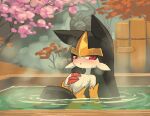  1other animal_ears black_fur blurry blurry_background blush body_fur cherry_blossoms crossed_legs detached_sleeves droopy_ears fence flaracle_(palworld) furry hand_on_own_chest looking_at_viewer onsen pal_(creature) palworld porforever red_claws solo statue steam wet whiskers white_fur wooden_fence 