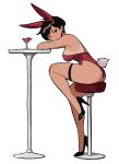  1girl animal_ear_hairband animal_ears backless_leotard black_eyes black_hair black_shoes blush body_freckles breasts celebelian cherry cup dark-skinned_female dark_skin drink drinking_glass earrings fake_animal_ears fake_tail food freckles from_side fruit hairband high_heels highres jewelry leotard looking_at_viewer looking_to_the_side nagi_(celebelian) on_stool original playboy_bunny rabbit_ear_hairband rabbit_ears rabbit_tail red_leotard shoes short_hair shoulder_freckles simple_background sitting solo stool stud_earrings table tail tanlines thigh_strap white_background 
